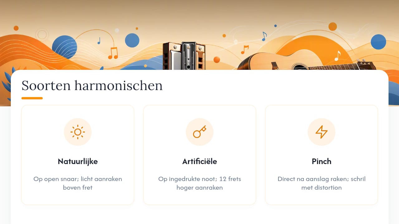 Drie verschillende soorten harmonischen op gitaar