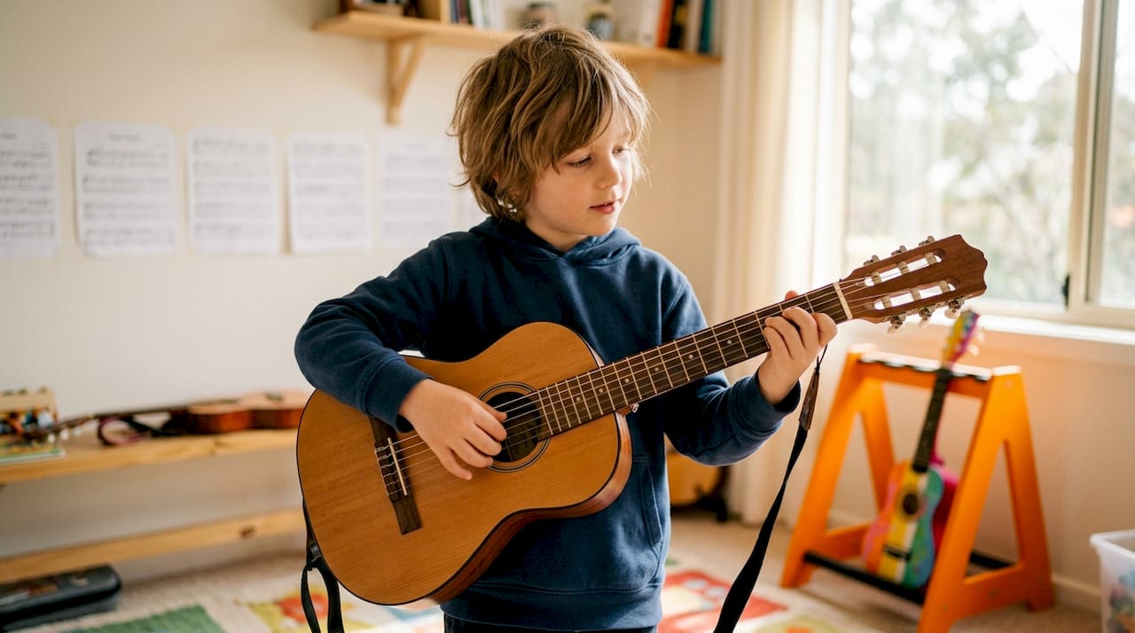 Kind dat een 3/4 gitaar vasthoudt met een goede houding