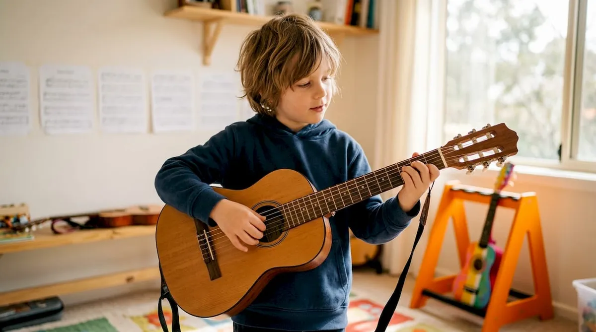Kind dat een 3/4 gitaar vasthoudt met een goede houding