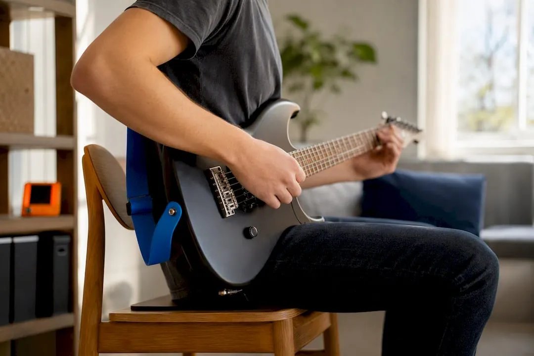Gitarist zit rechtop met een ontspannen houding