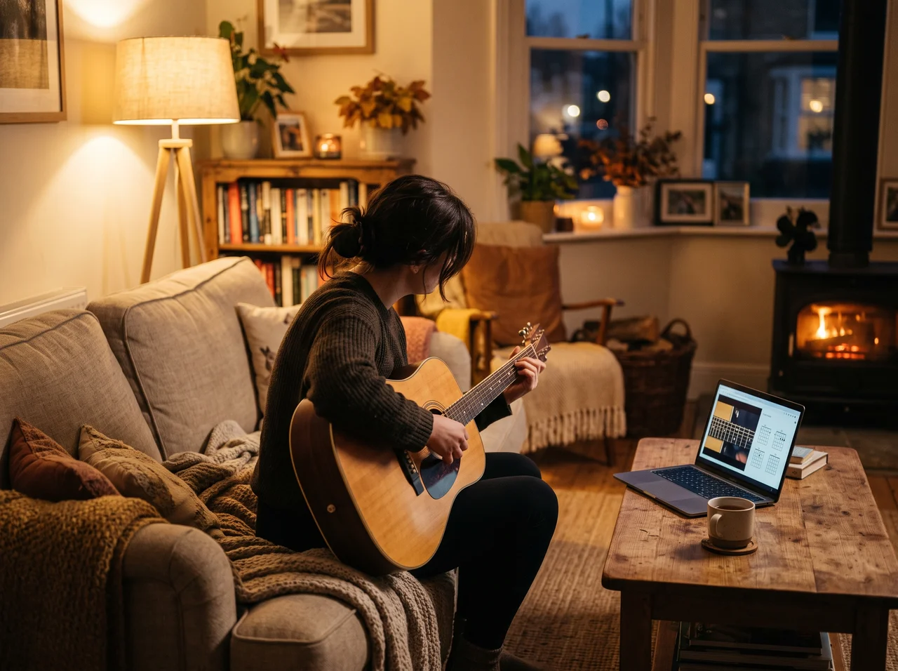 Gitaar leren spelen vanuit huis met een online les op de laptop
