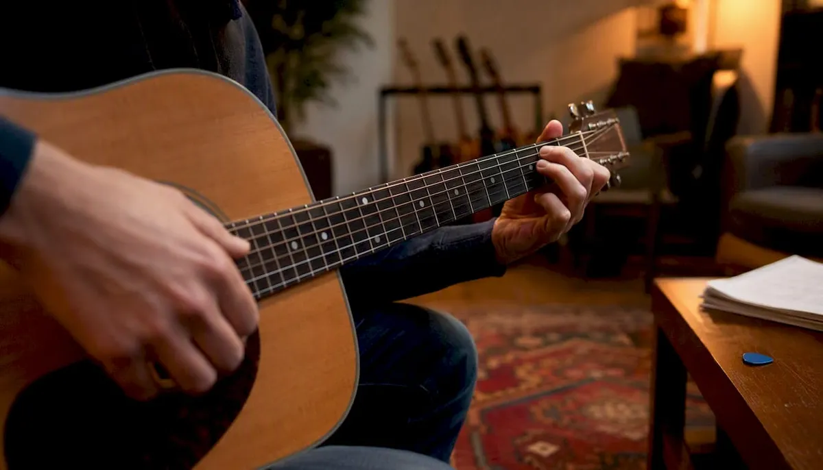 Hand speelt een losse basnoot op de gitaar